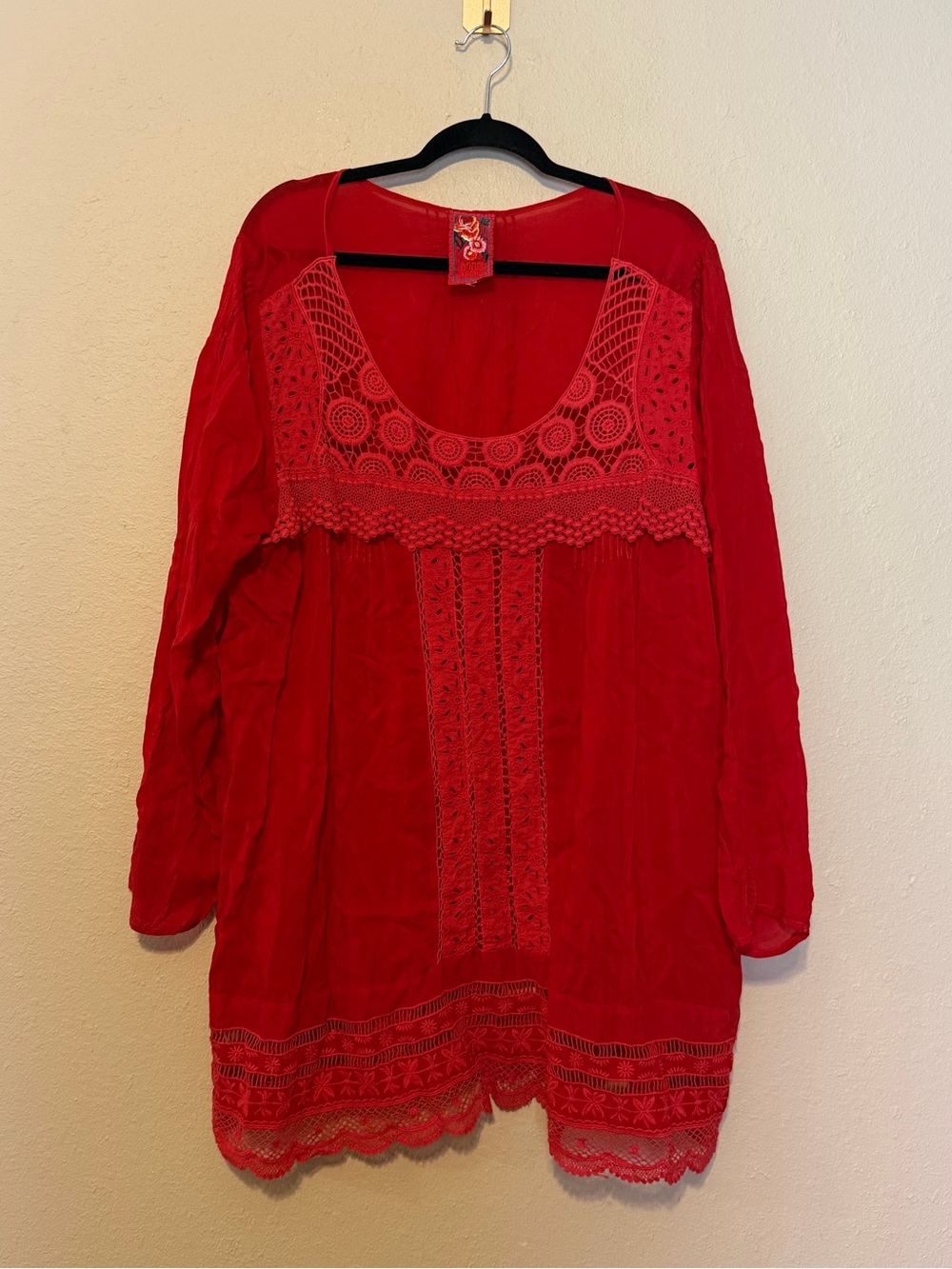 Johnny Was Red Crotchet Detail Tunic Top Size 1X